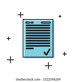 Black Exam sheet with check mark icon isolated on white background. Test paper, exam, or survey concept. School test or exam.  Vector Illustration