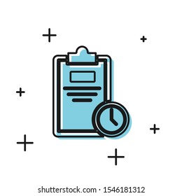 Black Exam sheet with clock icon isolated on white background. Test paper, exam, or survey concept. School test or exam.  Vector Illustration