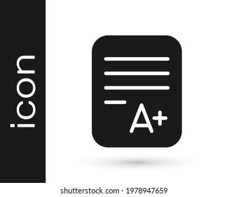 Black Exam sheet with A plus grade icon isolated on white background. Test paper, exam, or survey concept. School test or exam.  Vector
