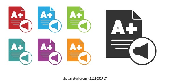 Black Exam sheet with A plus grade icon isolated on white background. Test paper, exam, or survey concept. School test or exam. Set icons colorful. Vector