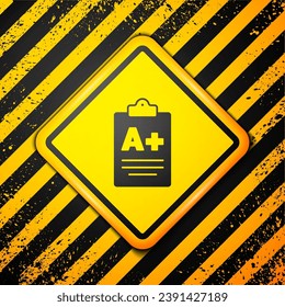 Black Exam sheet with A plus grade icon isolated on yellow background. Test paper, exam, or survey concept. School test or exam. Warning sign. Vector