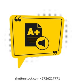 Hoja de examen negra con el icono del grado del plus de A aislado en el fondo blanco. Papel de prueba, examen o concepto de Encuesta. Examen escolar o examen. Símbolo amarillo de la burbuja del discurso. Vector