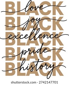 black excellence quote design repeating word black in bold letters with elegant script words love joy excellence pride history perfect for black history month shirts posters and social media graphics