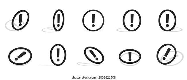 Black exclamation mark 3d icon illustration with different views and angles