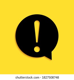 Black Exclamation mark in circle icon isolated on yellow background. Hazard warning symbol. FAQ sign. Copy files, chat speech bubble. Long shadow style. Vector.