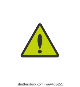 Black exclamation mark in green triangle. Warning icon. isolated on white. Flat pictogram.