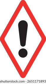 A black exclamation mark inside a red diamond border on a white background. This symbol signifies a general warning or hazard, commonly used for caution and attention.