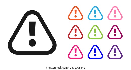 Marca de exclamación negra en icono triángulo aislado en fondo blanco. Signo de advertencia de peligro, cuidado, atención, advertencia de peligro importante. Establecer iconos coloridos.  Ilustración vectorial