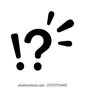 Exclamación negra y signos de interrogación sobre fondo blanco.