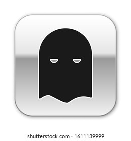 Black Executioner mask icon isolated on white background. Hangman, torturer, executor, tormentor, butcher, headsman icon. Silver square button. Vector Illustration