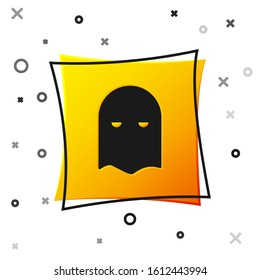 Black Executioner mask icon isolated on white background. Hangman, torturer, executor, tormentor, butcher, headsman icon. Yellow square button. Vector Illustration