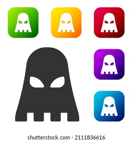 Black Executioner mask icon isolated on white background. Hangman, torturer, executor, tormentor, butcher, headsman icon. Set icons in color square buttons. Vector
