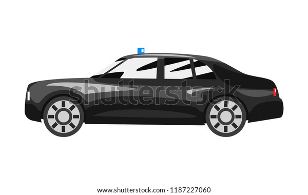 Black
executive car with blue flasher siren, business luxury vehicle side
view vector Illustration on a white
background