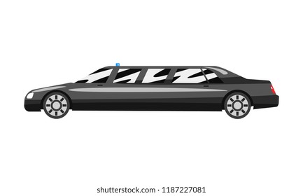 Black executive limousine with blue flasher siren, business luxury vehicle side view vector Illustration on a white background