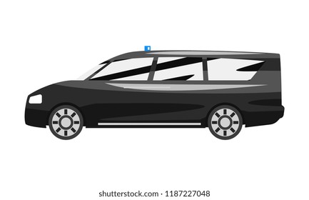 Black executive minivan with blue flasher siren, business luxury vehicle side view vector Illustration on a white background