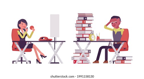 Black exhausted businessman working at desk with paper, businesswoman makeup. Young smart manager, entrepreneur executive, owner. Vector flat style cartoon illustration isolated, white background