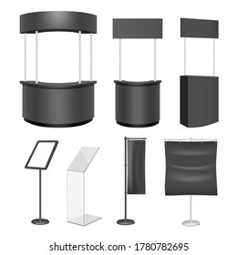 Black exhibition stand mockup set, vector illustration isolated on white background. Realistic blank promotion counter, trade booth and display stand, flag banner template.