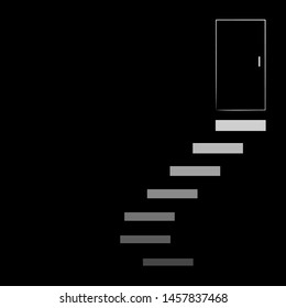 Black exit door with staircase in dark room, vector illustration.