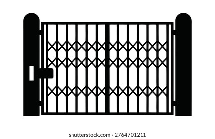 Black expandable security gate with a latch and two sturdy posts isolated on a transparent background