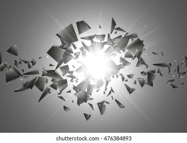 Black explosion background. Explosion cloud of black pieces with glow lights. Abstract vector illustration