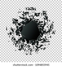 Black explosion banners. Circle destruction shapes with debris isolated on checkered background. Abstract black explosion. Geometric background. Vector illustration