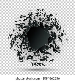 Black explosion banners. Circle destruction shapes with debris isolated on checkered background. Abstract black explosion. Geometric background. Vector illustration. PNG