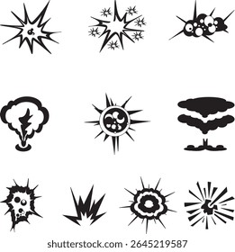 Ícone de explosão preto definido com vários estilos de explosão, incluindo explosões cômicas, nuvens de fumaça e efeitos de impacto. Ideal para jogos, desenhos animados ou projetos de vetor dinâmico.