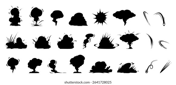 Black explosions silhouettes. Isolated smoke icons, explosion, steams and fog. Different effects for games and decor, energetic blow flashes, vector clipart