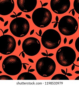 Black exquisite textured apples silhouettes on luxury red background. Vector seamless pattern. 