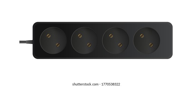 Black extension cord with four sockets. Portable power socket. Realistic style Vector.