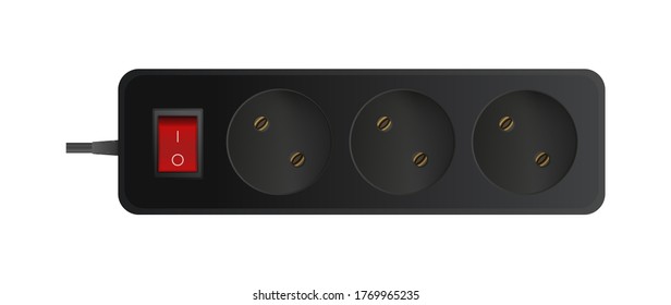 Black extension cord with three outlets. Portable power socket. Realistic style Vector.