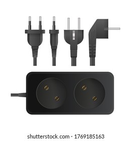 Black extension cord with two sockets. Portable socket. Set of plugs for sockets. Realistic style. Vector.