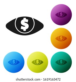Black Eye with dollar icon isolated on white background. Set icons colorful circle buttons. Vector Illustration