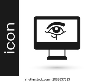 Black Eye of Horus on monitor icon isolated on white background. Ancient Egyptian goddess Wedjet symbol of protection, royal power and good health.  Vector