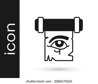 Black Eye of Horus on papyrus scroll icon isolated on white background. Parchment paper. Ancient Egypt symbol.  Vector