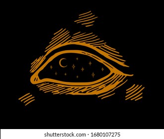 Black eye with moon and stars in its pupil. Demon eye. Mystical occult vector illustration.