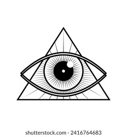 Ojo negro de Providence , Todos viendo el ojo de dios en el triángulo misterioso tatuaje magia contorno icono diseño vectorial plano