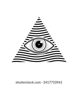 Black eye of Providence , All seeing eye of god in line triangle mysterious magic tattoo outline icon flat vector design