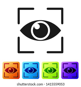 Black Eye scan icon isolated on white background. Scanning eye. Security check symbol. Cyber eye sign. Set icon in color square buttons. Vector Illustration