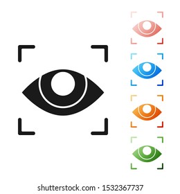 Black Eye scan icon isolated on white background. Scanning eye. Security check symbol. Cyber eye sign. Set icons colorful. Vector Illustration