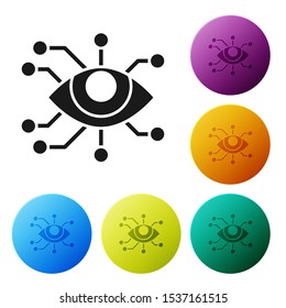 Black Eye scan icon isolated on white background. Scanning eye. Security check symbol. Cyber eye sign. Set icons colorful circle buttons. Vector Illustration