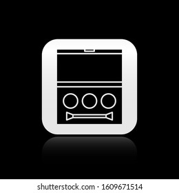 Black Eye shadow palette with brush icon isolated on black background. Silver square button. Vector Illustration