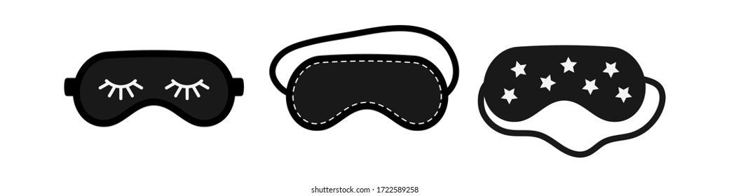 Black eye sleep mask set isolated on white background. Sleeping blind mask for resting decorated with closed eyes with eyelashes, decorative stitching and stars. Flat design vector illustration.