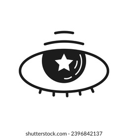 Black eye with star pupil in doodle style. Hand drawn line art vector illustration. Sight and vision emblem. Esoteric symbol. Star fever sign.