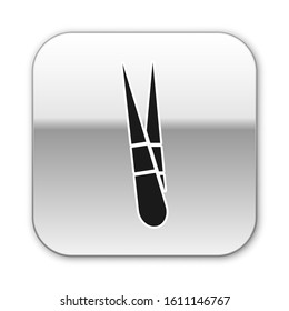 Black Eyebrow tweezers icon isolated on white background. Cosmetic tweezers for ingrown hair. Silver square button. Vector Illustration