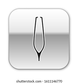 Black Eyebrow tweezers icon isolated on white background. Cosmetic tweezers for ingrown hair. Silver square button. Vector Illustration