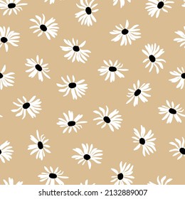 Black eyed susan flowers seamless vector pattern. Distressed white Chamomile flowers on black background. Trendy for prints, fabric, invitation cards, wedding decoration, wallpapers, wall murals