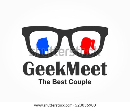 black eyeglass frame with a blue red silhouette of boy and girl head on each side of the glass for a geek couple logo vector