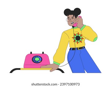 Black eyeglasses girl talking telephone receiver 2D linear cartoon character. African american female isolated line vector person white background. Nostalgia memories color flat spot illustration