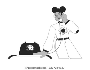 Black eyeglasses girl talking telephone receiver black and white 2D line cartoon character. African american female isolated vector outline person. Nostalgia monochromatic flat spot illustration